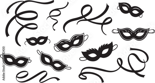 Black Masks and Ribbons on White Background Illustration