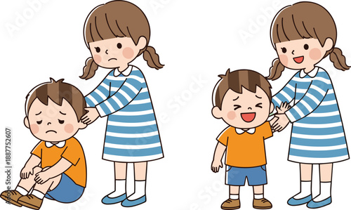 Cute sister comforting sad brother illustration, caring sibling relationship, emotional support concept, childhood empathy, family love, cartoon vector characters design