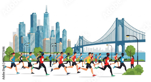 City Marathon Runners Race Through Urban Landscape.