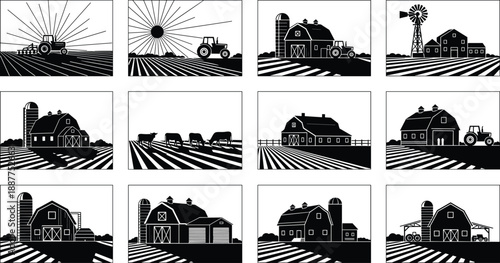 Farm landscape silhouette collection, rural agriculture scenes, barns tractors fields, countryside farming concept, vintage black white illustration set