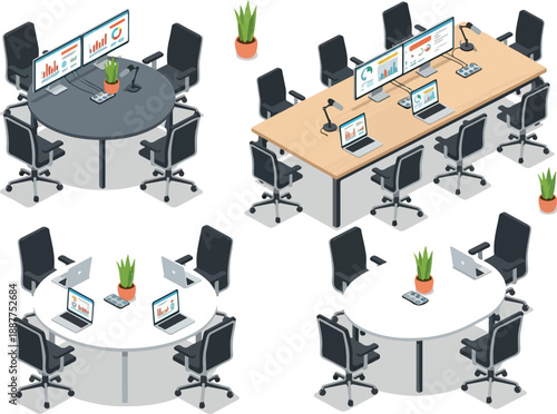 Conference Room Setups Vector Illustration of Meeting Spaces
