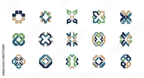 Collection of abstract geometric logo designs in various colors.