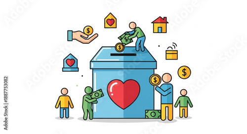 Charity Donation Box with People Giving Money and Hearts.