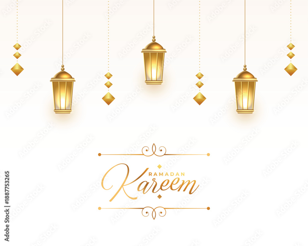 Obraz premium Elegant ramadan kareem greeting with hanging lanterns