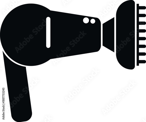 Hairdryer with a comb diffuser attachment on a white background, black flat icon