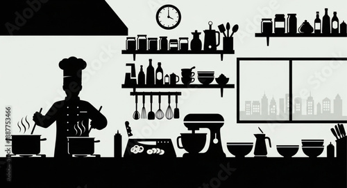 Chef silhouette cooking in a kitchen with city view.