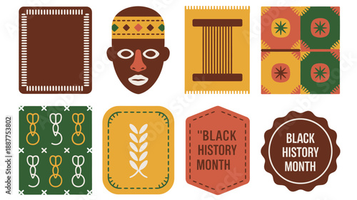 Black history month stickers and badges, tribal mask emblem, geometric decorative labels, classroom bulletin board, parade signage, cultural awareness campaign