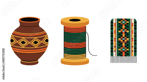 African craft market icons, clay pottery vases, colorful thread spools, woven kente panel, heritage festival signage, cultural arts workshop graphics