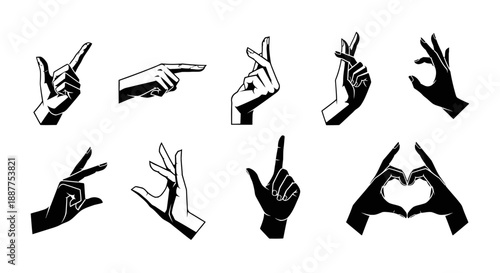 Collection of Hand Gestures and Signs in Black and White.
