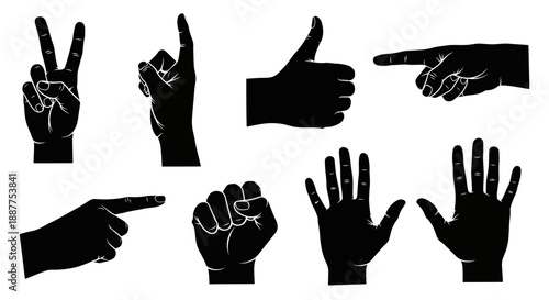 Collection of Hand Gestures Silhouettes on White Background.