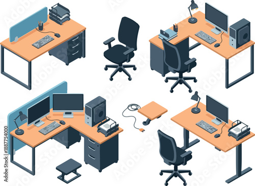 Isometric Office Furniture Set Desks, Chairs, and Accessories