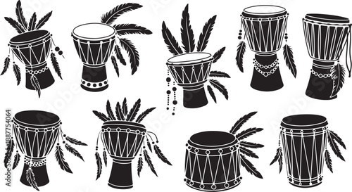 African djembe drums with feathers illustration set in black