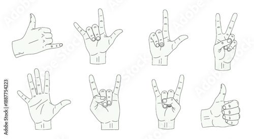 Hand gestures in sign language, various finger positions.