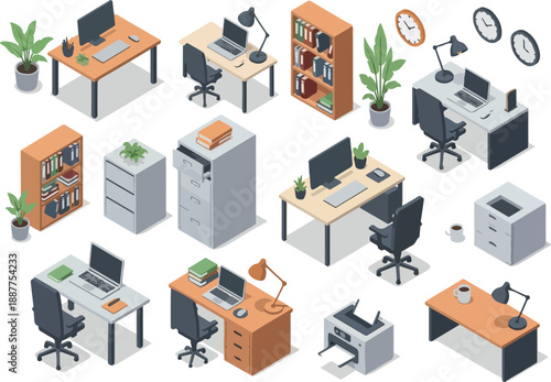 Isometric Office Furniture and Workspace Essentials Desks, Chairs, Storage