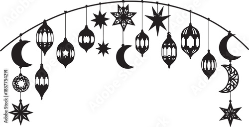 Black and white Islamic lanterns and crescent moon decorations