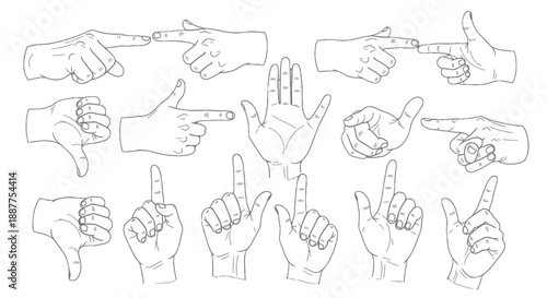 Collection of hand gestures and signs in simple line drawings.