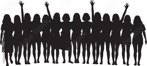 Silhouettes of women celebrating with raised hands together