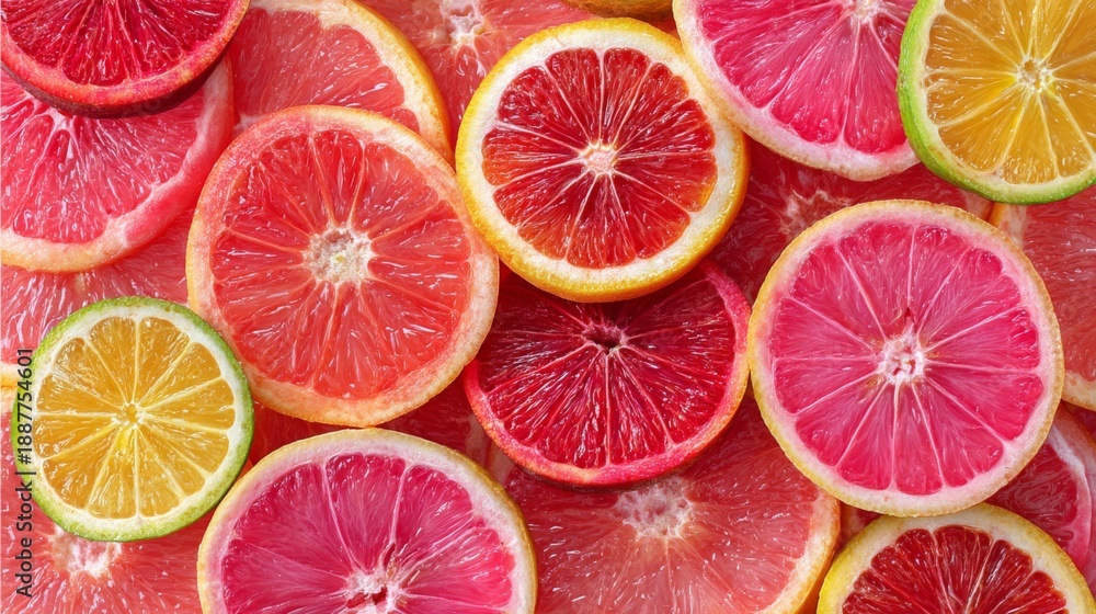 Fototapeta premium Vibrant display of colorful citrus fruit slices including pink grapefruit, lemon, red orange, and lime arranged aesthetically on a surface