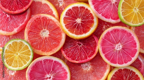 Vibrant display of colorful citrus fruit slices including pink grapefruit, lemon, red orange, and lime arranged aesthetically on a surface