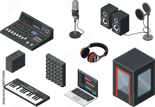 Isometric view of a professional recording studio setup with equipment