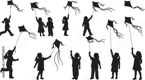 Children Silhouettes Flying Kites in the Windy Sky Freely
