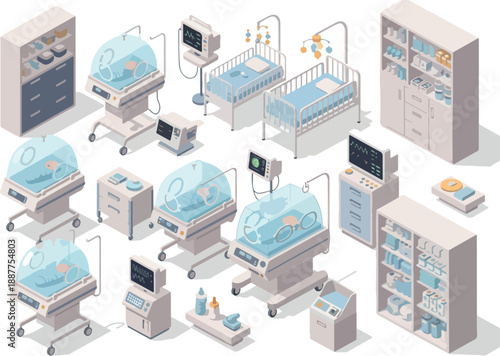 Isometric Neonatal Intensive Care Unit Equipment Vector Illustration