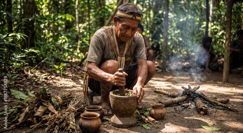 Indigenous Man Preparing Traditional Medicine in Lush Jungle Setting
