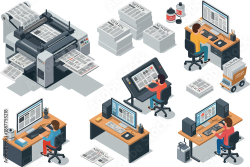 Newspaper Production Isometric Illustration Printing, Editing, and Delivery