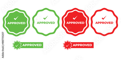 Green approved badge icons, approved icons set
