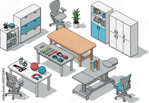 Isometric Physical Therapy Office Illustration with Furniture and Equipment
