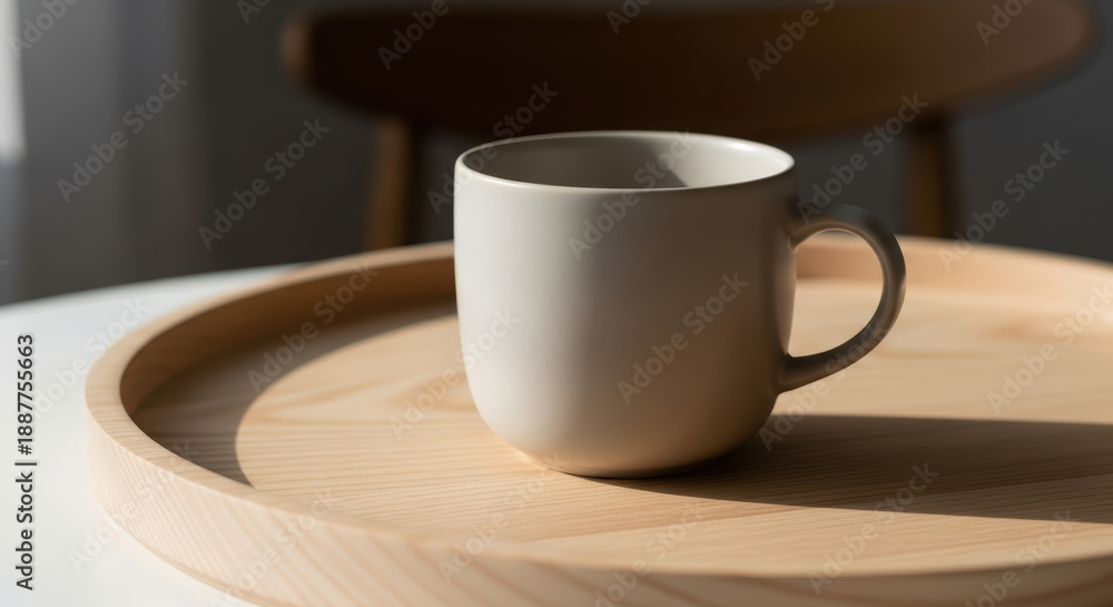 Obraz premium Ceramic mug on wooden saucer with soft lighting