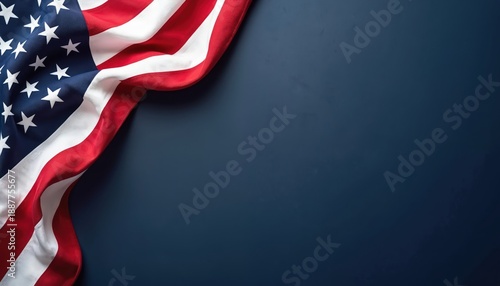 Waving American flag in corner on dark blue backdrop. Ample empty space for text or graphics, ideal for patriotic themes. Clean, minimalist design for announcements. © miss irine