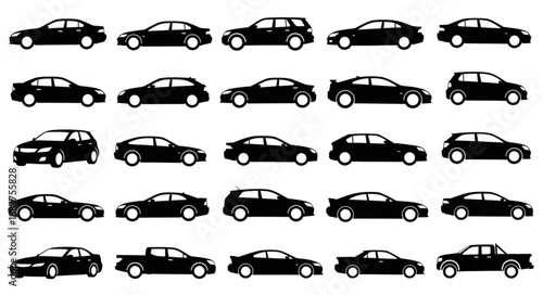 Collection of Black Car Silhouettes Isolated on White Background.