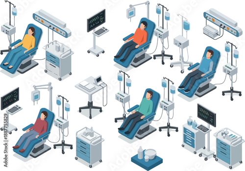 Medical Infusion Chairs Isometric Illustration Set for Healthcare Concepts