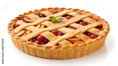 Traditional Thanksgiving fruit lattice pie with golden crust, isolated on white with copy space for holiday bakery promotions.