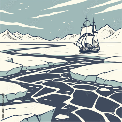 Arctic Sea Landscape with Broken Ice and Ship, Vast Winter Scene