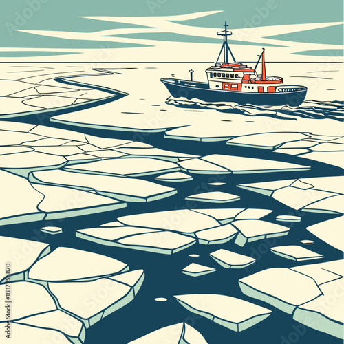 Arctic Sea Landscape with Broken Ice and Ship, Vast Winter Scene