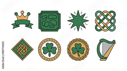 St Patrick Day emblems, celtic knot medallions, coin tokens with clover, Irish harp badge, royal crown starburst icons vector