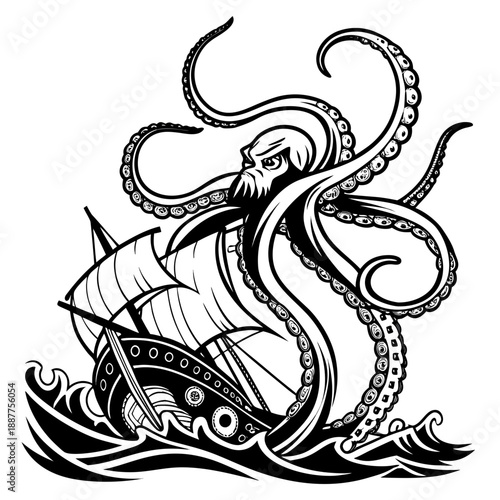 Dramatic Kraken Sea Monster Tattoo Art Illustration