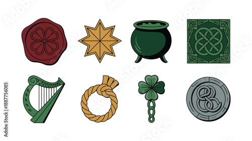 Irish festival icons vector set with wax seal, rosette, pot of gold, Celtic harp, spiral brooch, shamrock staff, silver coin