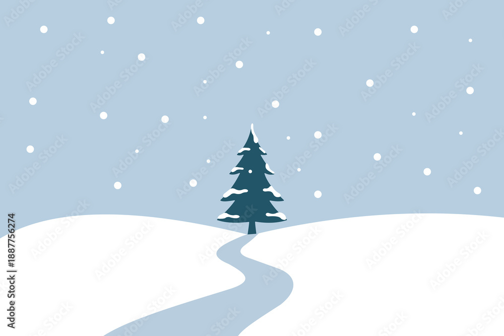 Obraz premium Vector illustration of a peaceful winter landscape with snow-covered hills and a central tree under falling snowflakes
