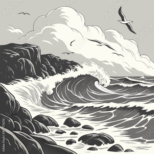 Ocean Waves Crashing on Rocks Panoramic Vector Illustration