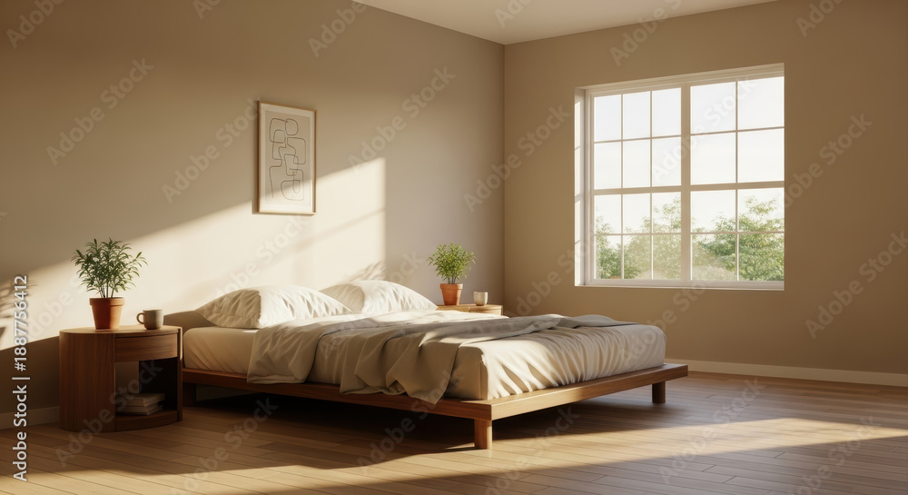 Fototapeta premium Modern bedroom with sunlight streaming through large window