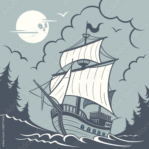 Pirate Ghost Ship Illustration - Spooky Atmosphere