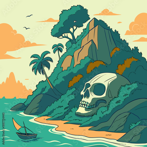 Pirate Island Skull Rock - Fantasy Illustration