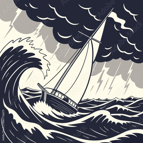 Dramatic Sailboat in Stormy Seas - Vector Illustration