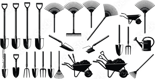 garden, tools, set, silhouette, shovel, rake, wheelbarrow, watering, can, equipment, farming, agriculture, landscaping, black, icons, collection, isolated, white, background, illustration