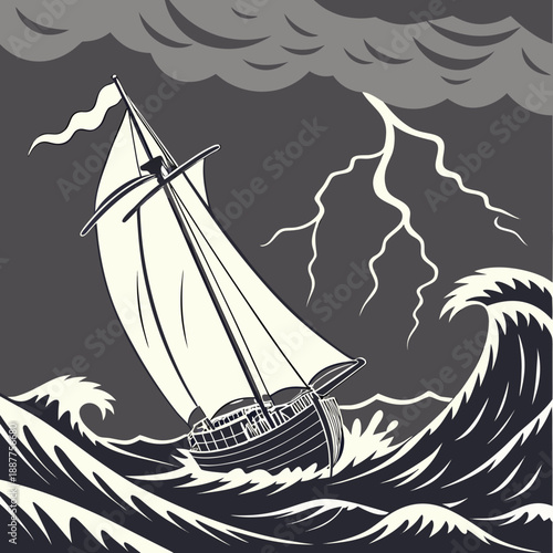 Dramatic Sailboat in Stormy Seas - Dynamic Vector Art