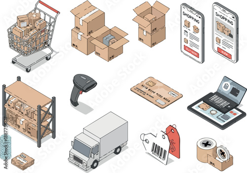 Isometric Online Shopping Delivery, Payment, and Logistics Icons