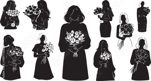 Silhouette of women holding flowers in various poses and styles